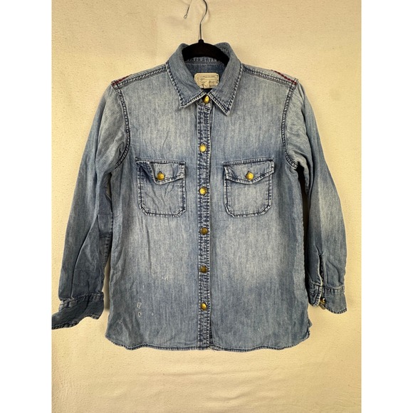 Current Tops - Current Elliott Denim Shirt Womens Blue Lt Wash Button Down‎ Western Distressed